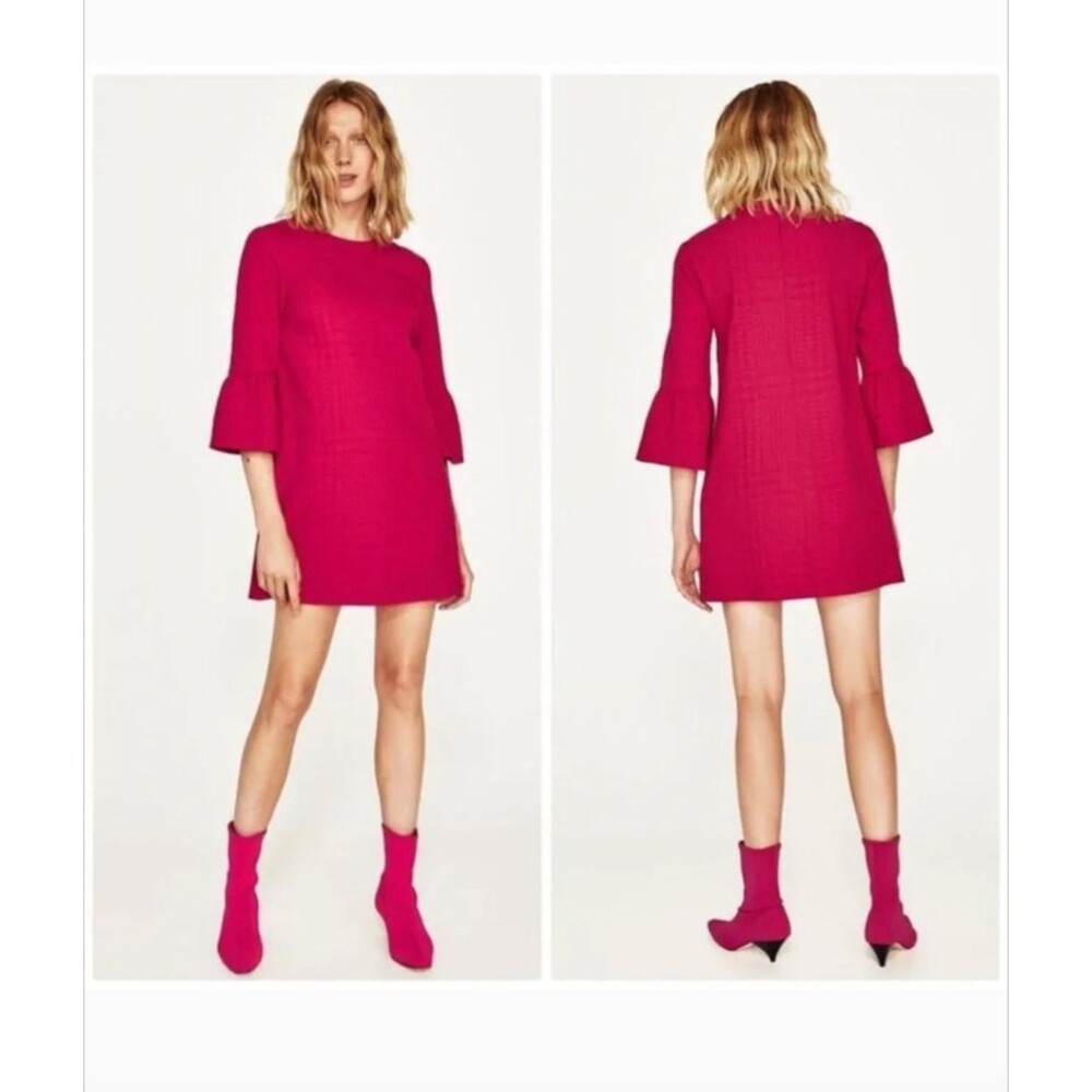 Zara Pink 3/4 Flared Sleeve Swing Dress Size XL Textured Old Money Career Office
